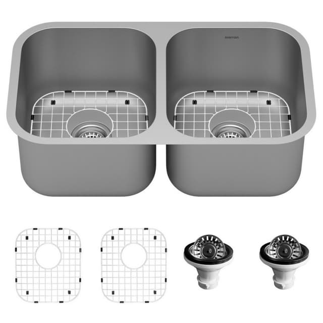 Karran Profile 32-1/4"W Stainless Steel Undermount Kitchen Sink Double 50/50 Bowl, 18 Gauge - PU21-PK1