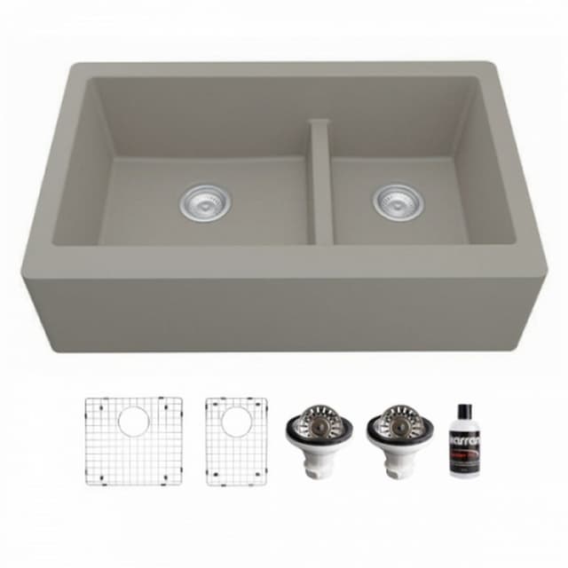 Karran 34"W x 21-1/4"D Quartz Double 60/40 Bowl Apron Front/Farmhouse Sink Kit - QA-760-PK1
