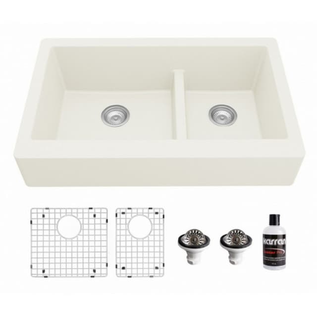 Karran 34"W x 21-1/4"D Quartz Double 60/40 Bowl Apron Front/Farmhouse Sink Kit - QAR-760-PK1