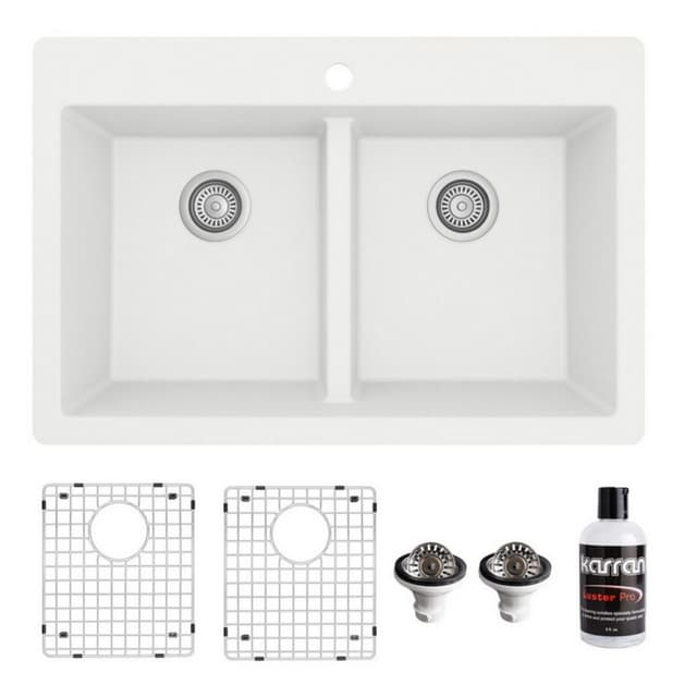 Karran 33"W x 22"D Quartz Double 60/40 Bowl Top Mount Sink Kit - QT-810-PK1