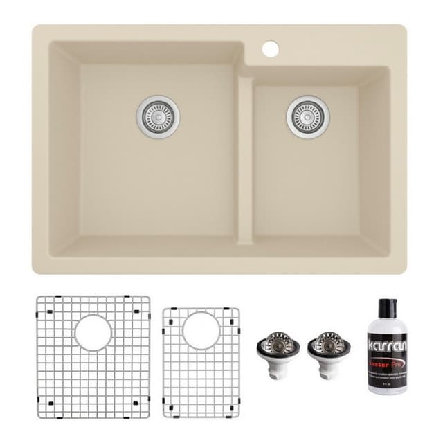 Karran 33"W x 22"D Quartz Double 60/40 Bowl Top Mount Sink Kit - QT-811-PK1