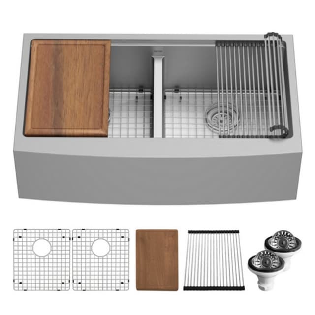 Karran Workstation Farmhouse/Apron Front 36"W Stainless Steel Undermount Kitchen Sink Double 50/50 Bowl, 16 Gauge - WSA-48-PK1