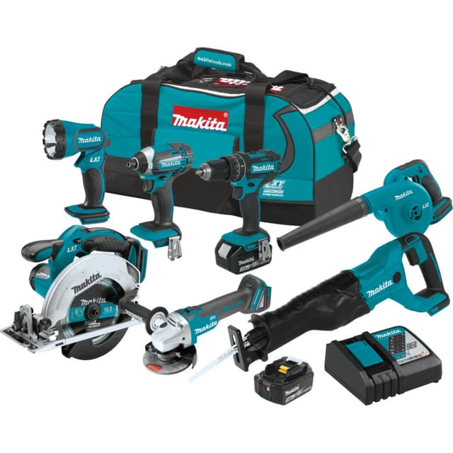 Hammer Drill - Impact - Recip Saw - Light - Circ Saw - Grinder - Blower 7 Piece Kit, Makita