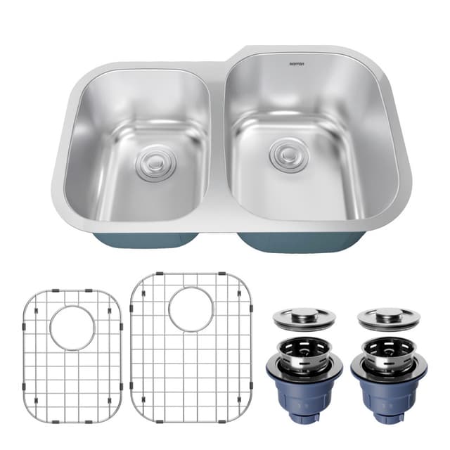 Karran Profile 31-1/2"W Stainless Steel Undermount Kitchen Sink Double 40/60 Bowl, 18 Gauge - PRU33L-PK1
