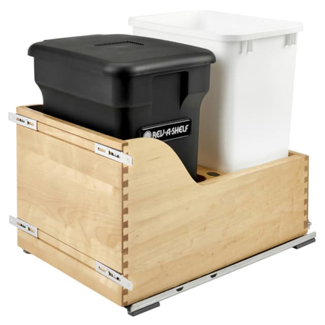 4WCSC Series with 1 Waste Bin and 1 Compost Bin, Bottom Mount Waste Containers for 15" Cabinet, Maple, Rev-A-Shelf