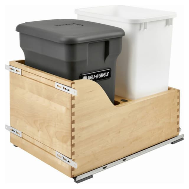 4WCSC Series with 1 Waste Bin and 1 Compost Bin, Bottom Mount Waste Containers for 15" Cabinet, Maple, Rev-A-Shelf
