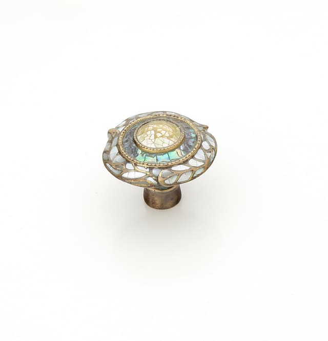 Schaub Fair Isle Round Knob, 1-1/2” dia, Imperial Shell, White/Yellow Pearl/ Aged Dover - 651-AD