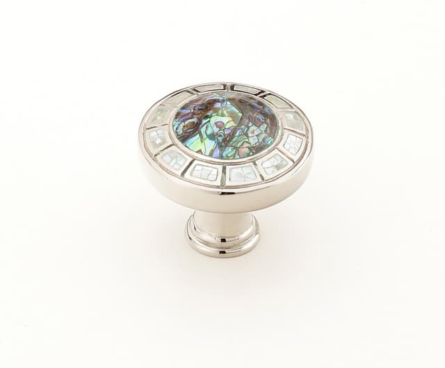 Schaub Fair Isle Round Knob, 1-1/2” dia, Imperial Shell, Mother of Pearl/ Polished Nickel - 655-PN