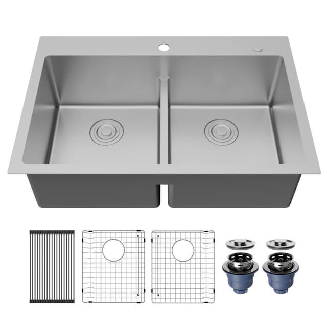 Karran 33"W Stainless Steel Top mount Kitchen Sink Double 50/50 Bowl, 16 Gauge - TMDB3321-PK1