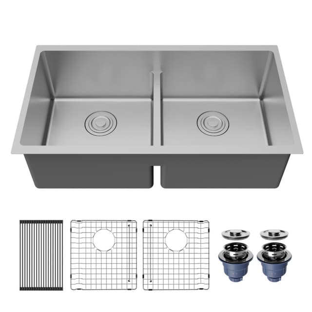 Karran Fusion 33"W Stainless Steel Undermount Kitchen Sink Double 50/50 Bowl, 16 Gauge - UUMDB3321-PK1