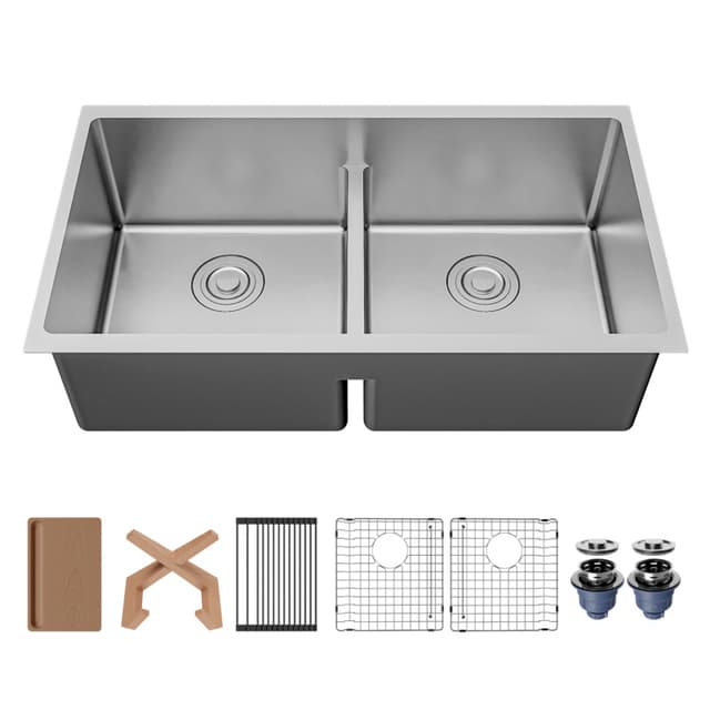 Karran Fusion 33"W Stainless Steel Undermount Kitchen Sink Double 50/50 Bowl, 16 Gauge - UUMDB3322-PK1