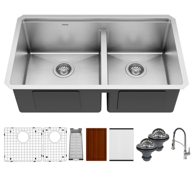 Karran Workstation 32"W Stainless Steel Undermount Kitchen Sink Large/Small Bowl, 16 Gauge - WS-40-PK3