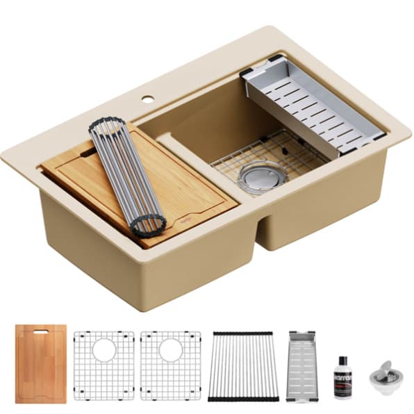 Karran 33" Quartz Double 50/50 Bowl Top Mount Workstation Sink - QTWS-880