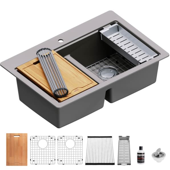 Karran 33" Quartz Double 50/50 Bowl Top Mount Workstation Sink - QTWS-880