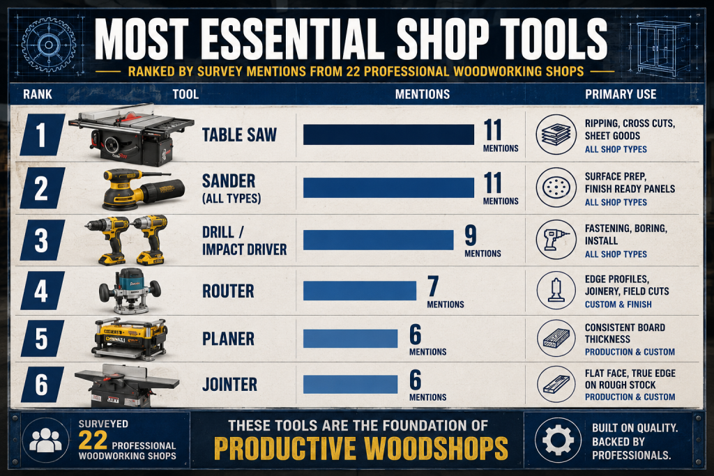 Infographic of essential woodworking shop tools ranked by professional survey mentions