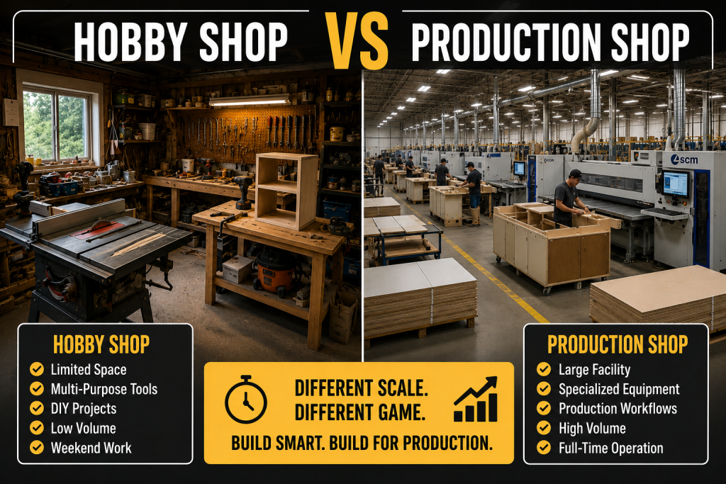 Comparison between hobby woodworking shop and professional cabinet production facility