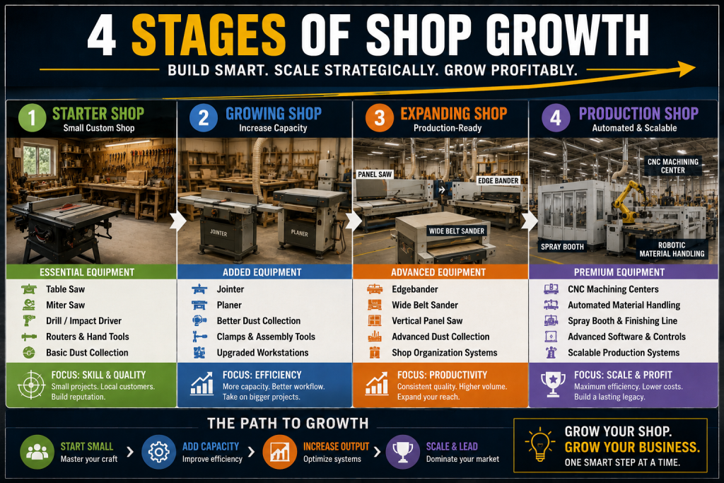 Stages of scaling a woodworking shop from beginner setup to full production facility