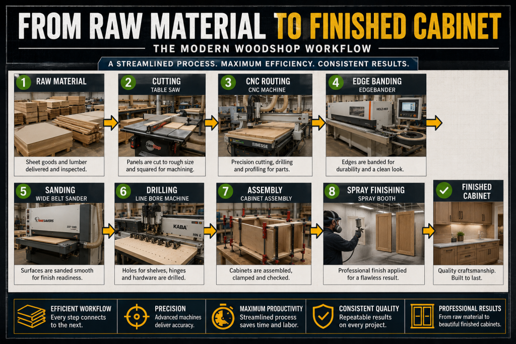 Professional woodworking production workflow from sheet goods to finished cabinets