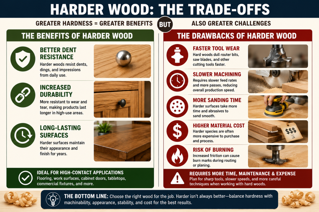Comparison showing advantages and disadvantages of harder wood species