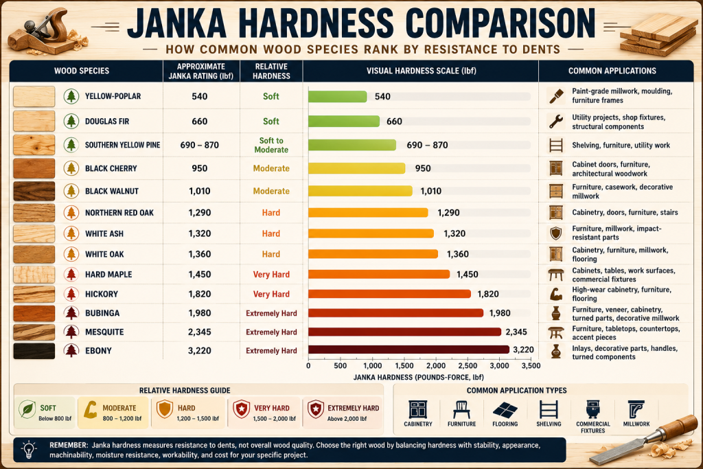 Comparison chart of common wood species ranked by Janka hardness