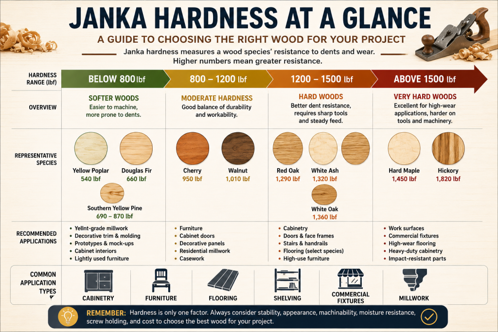 Infographic showing Janka hardness ranges and recommended woodworking applications