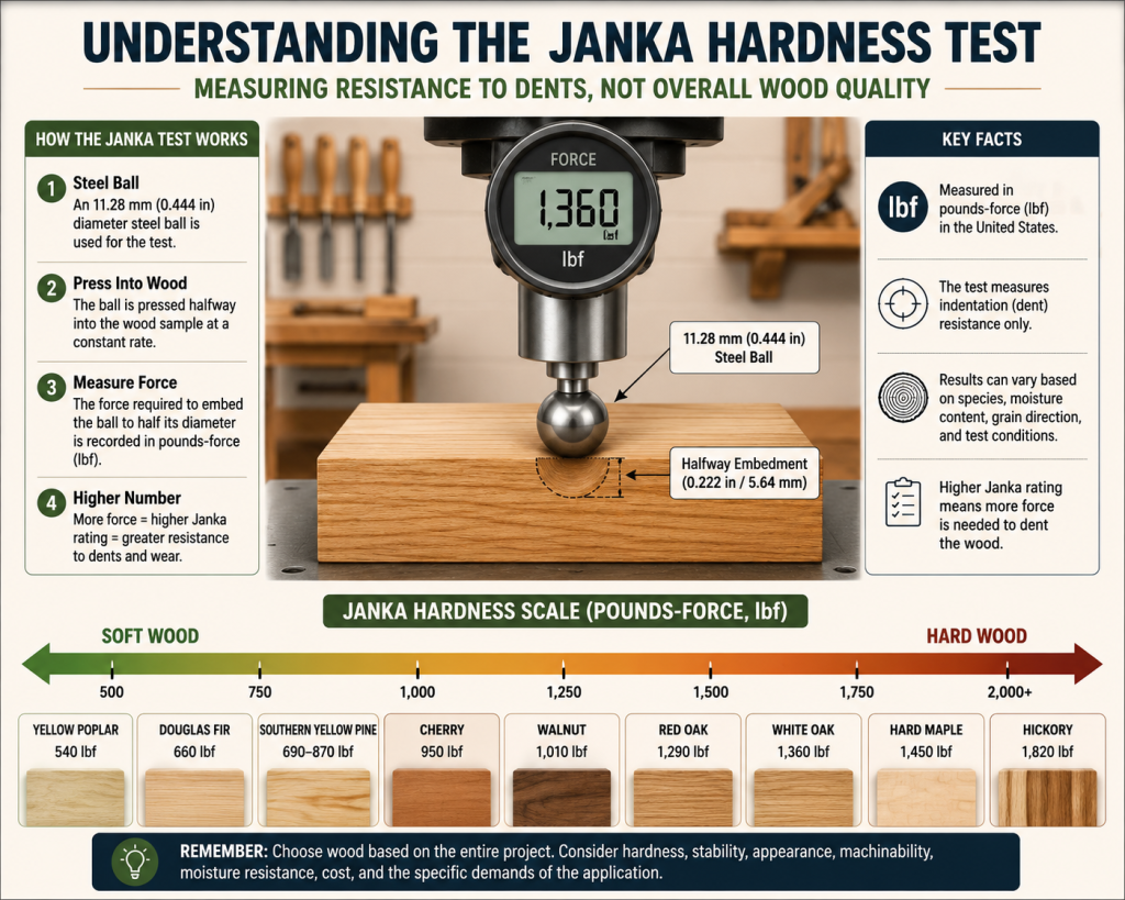 Illustration showing how the Janka wood hardness test measures dent resistance