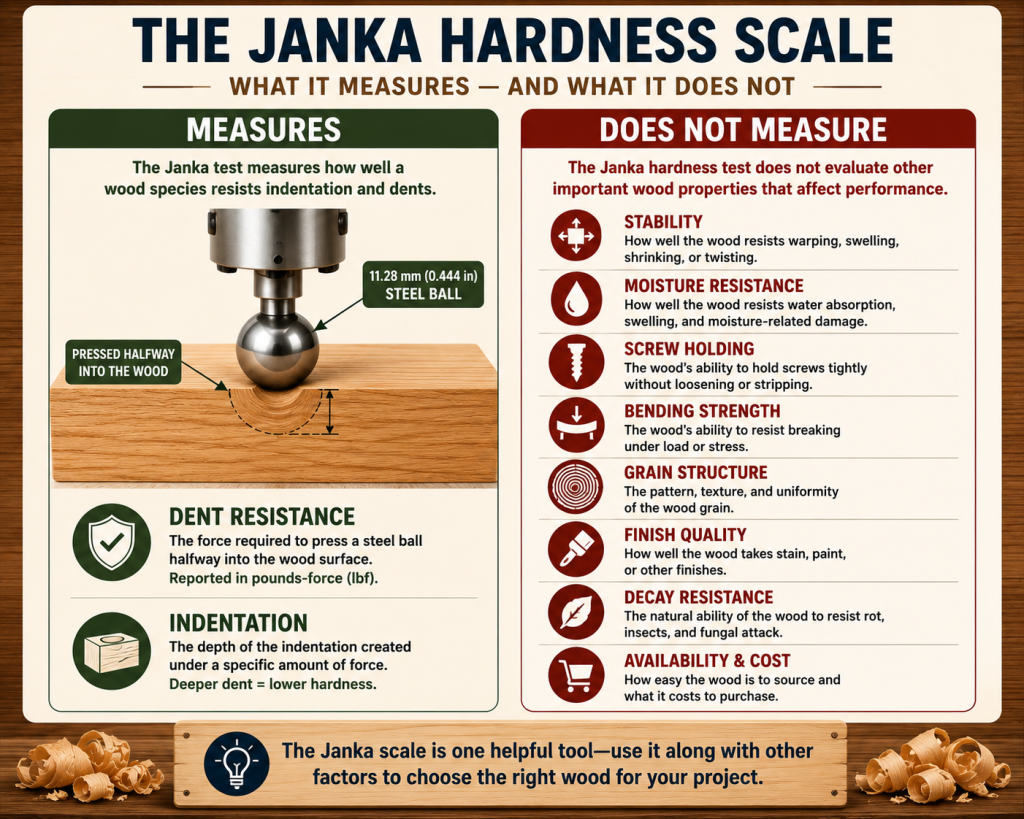 Infographic showing what the Janka hardness scale measures and what it does not