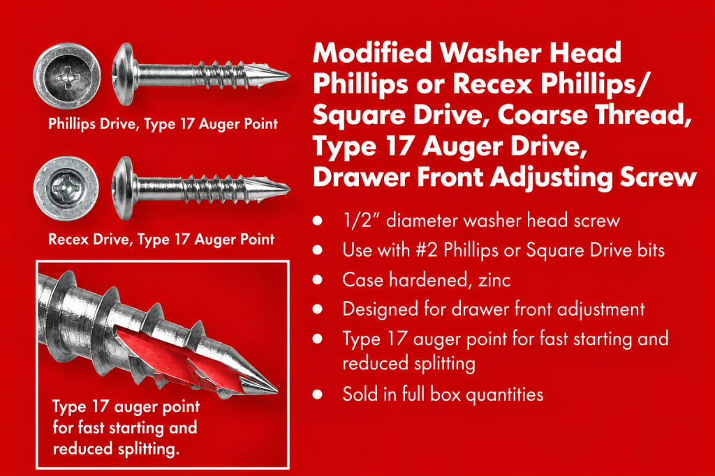 Modified Washer Head Phillips or Recex Phillips Square Drive Coarse Thread Type 17 Auger Drive Drawer Front Adjusting Screw