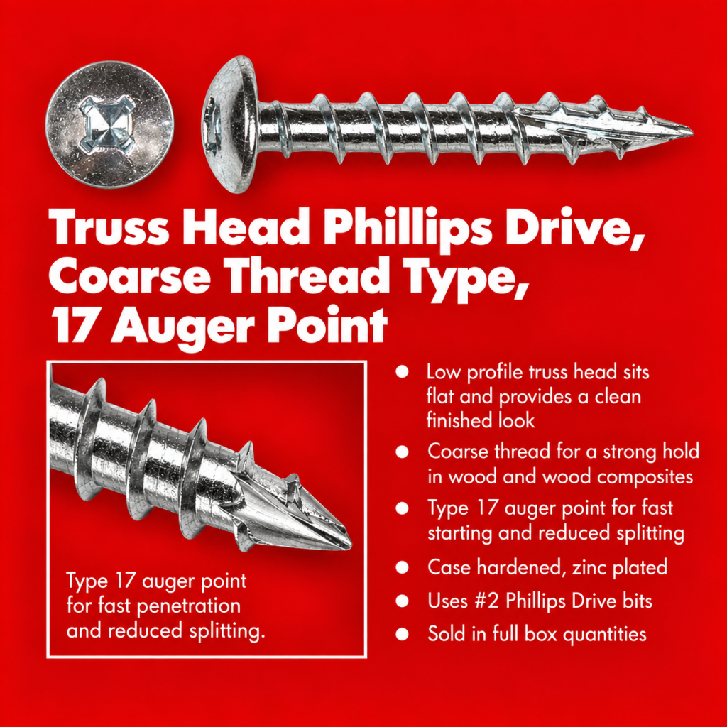 Truss Head Phillips Drive Coarse Thread Type 17 Auger Point